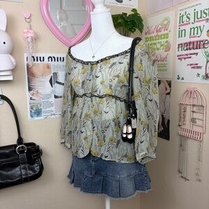 sheer gray green florals silk viola blouse